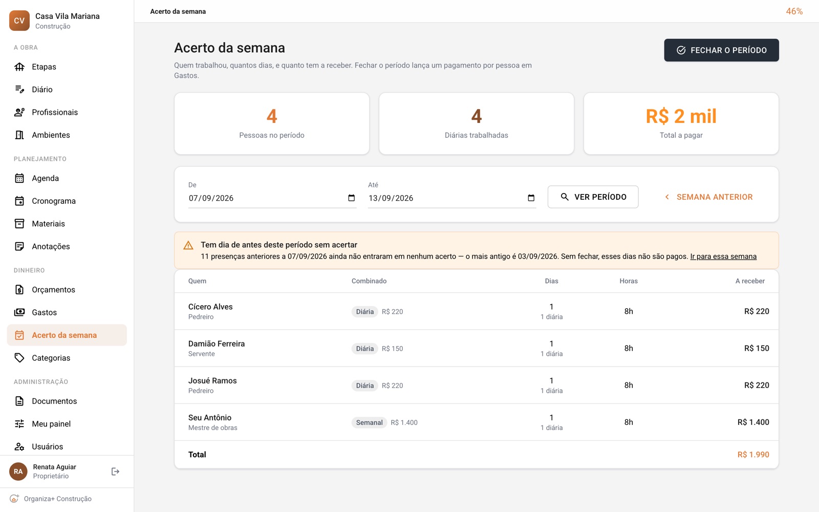 Tela do acerto da semana listando cada trabalhador, o combinado, os dias trabalhados e o valor a receber