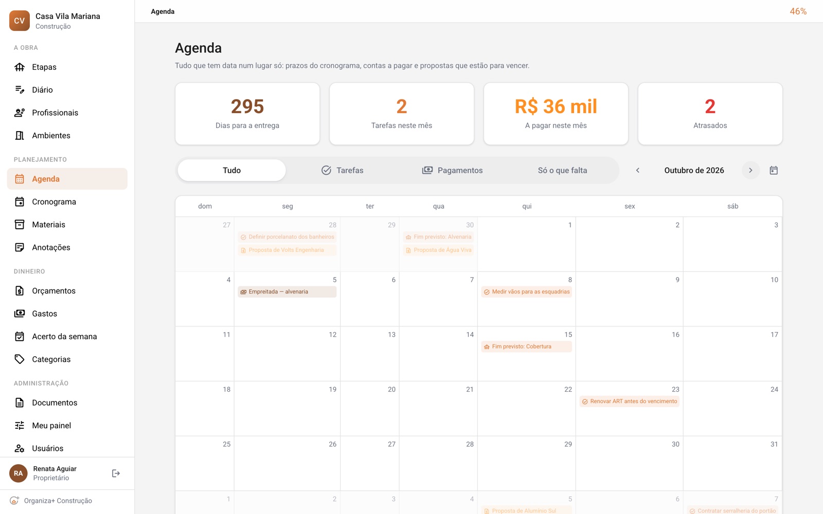Tela da agenda com o calendário do mês reunindo prazos, vencimentos de gastos e validade de documentos da obra