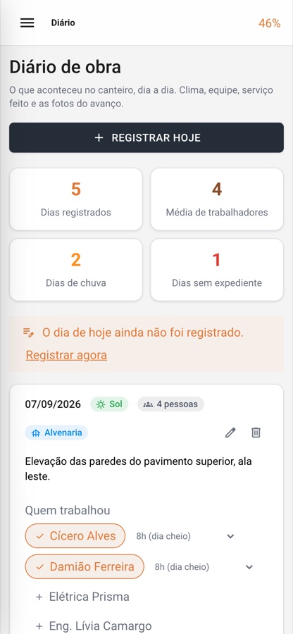 O diário de obra num celular, para registrar o dia ainda no canteiro