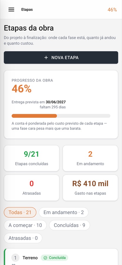 As etapas da obra num celular, com o menu recolhido no botão do canto