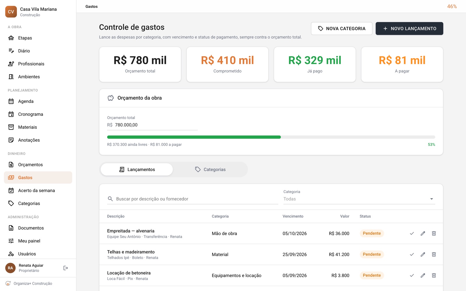 Tela de controle de gastos com orçamento total, valor comprometido, pago e a pagar, e a lista de lançamentos